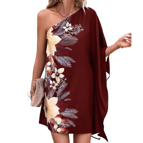 SHEIN Dresses & Skirts - Burgundy Red Floral Flowers Print One Shoulder Batwing Sleeve Vacation Dress